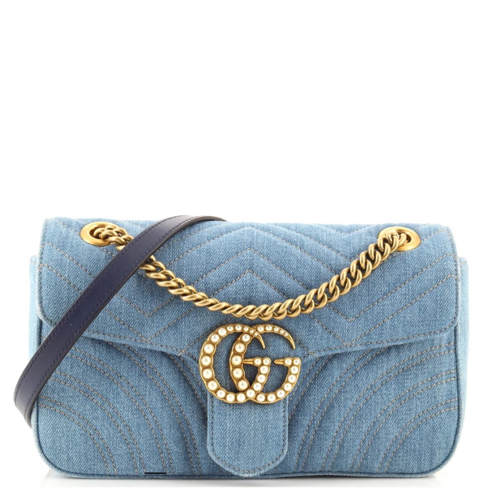 GUCCI Limited Edition denim Matelasse Pearl Studded Small GG Marmont Bag